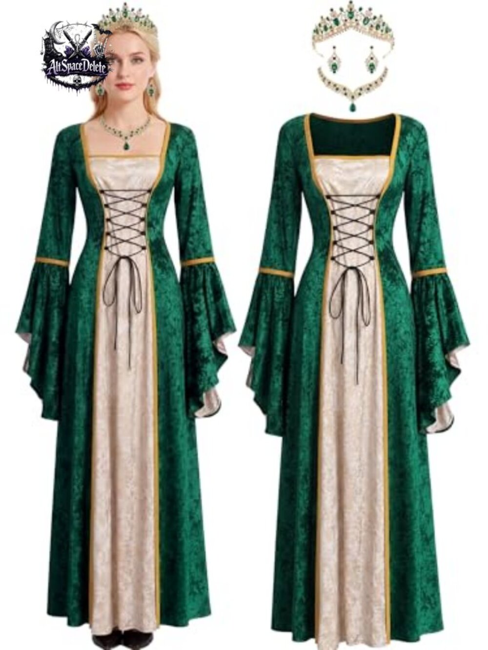 Renaissance Queen Costume Trumpet Sleeve Dress Crown Jewelry Set